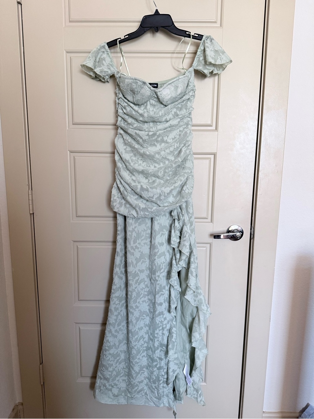 PrettyLittleThing Sage Green Lace Ruffle Prom Gown
